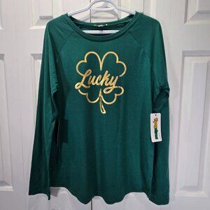 NWT Green & Gold Lucky Four Leaf Clover Long Sleeve Top – Size Large